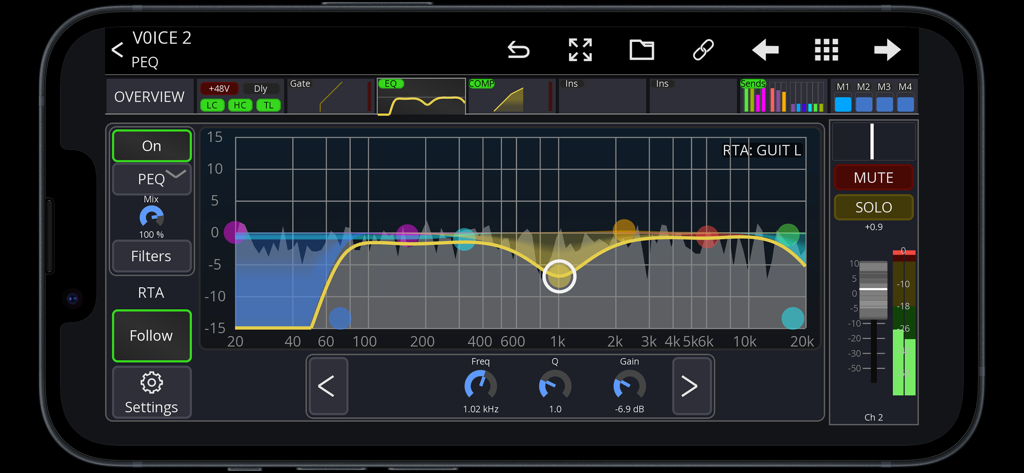 Mixing Station app displaying parametric equalizer settings and real-time analyzer on a smartphone screen