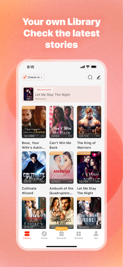 A mobile app interface of Tapon showing a digital library with various romance and action novel covers.