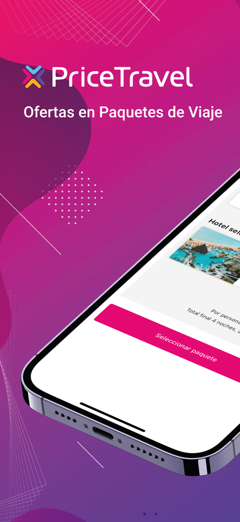 PriceTravel app interface showing vacation package deals in Spanish