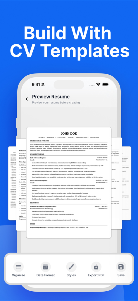 Resume Builder: ResumeHero - Interfaccia dell'app ResumeHero che mostra un'anteprima di modelli di CV professionali su uno schermo mobile