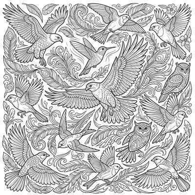 Discover a stunning collection of birds in flight and at rest, intricately detailed with flowing feather and nature-inspired patterns. This captivating line art coloring page invites you to bring a vibrant spectrum of colors to its elegant avian world.