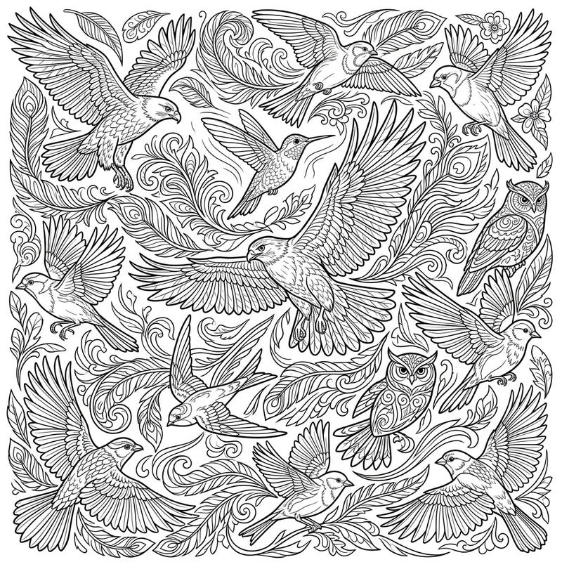 Discover a stunning collection of birds in flight and at rest, intricately detailed with flowing feather and nature-inspired patterns. This captivating line art coloring page invites you to bring a vibrant spectrum of colors to its elegant avian world.
