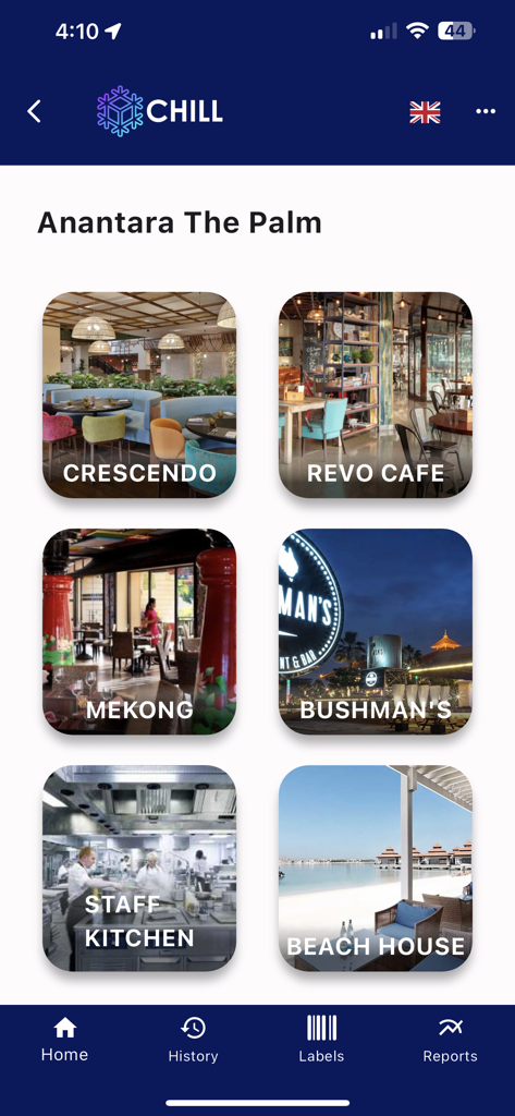 Venue selection dashboard in the Chill food waste management app for restaurants