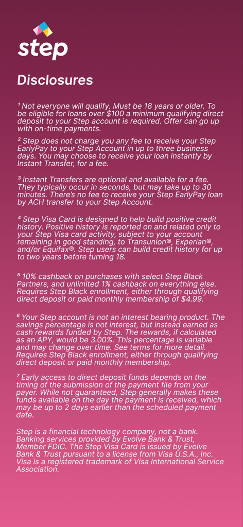 Step: Borrow & Build Credit - Step 금융 앱의 법적 고지 화면으로 신용 구축 및 계정 약관에 대한 자세한 정보 제공