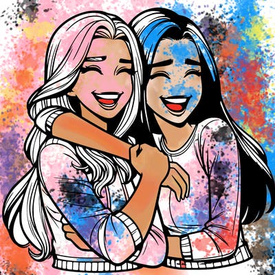 two realistic teenage girls side hugging and laughing