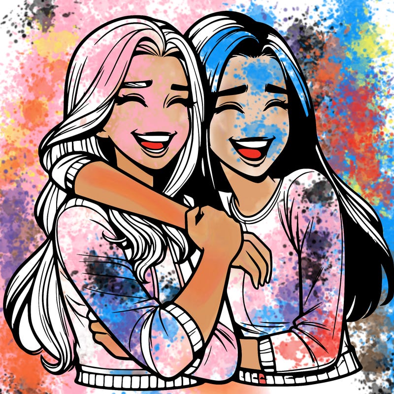 two realistic teenage girls side hugging and laughing