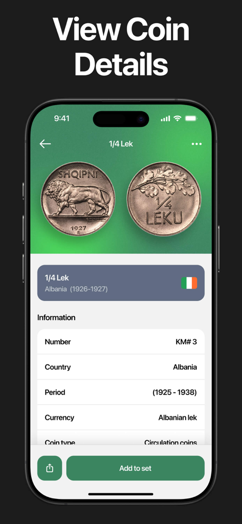 A smartphone screen showing historical details and images for an Albanian 1/4 Lek coin within the Coin Identifier app.