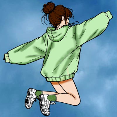 realistic girl jumping with a bun and oversized sweatshirt