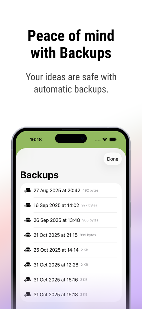 FiveNotes Mobile - FiveNotes Mobile automatic backups screen showing a list of saved note versions with timestamps and file sizes