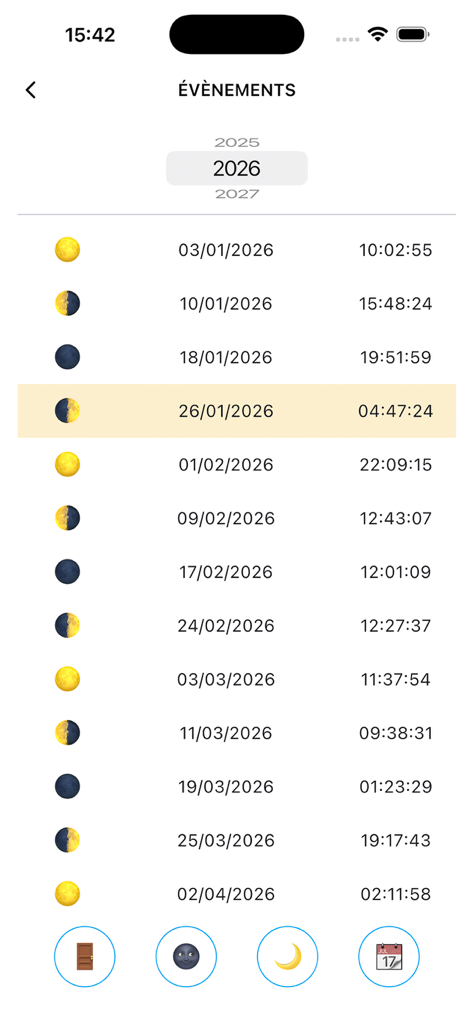 Odysseus® - Odysseus app interface displaying a detailed calendar of moon phases and dates for 2026.