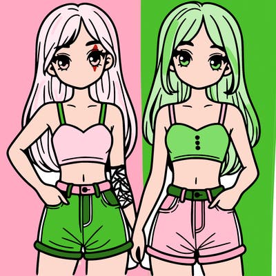 two sisters with crop tops and jean shorts and straight hair