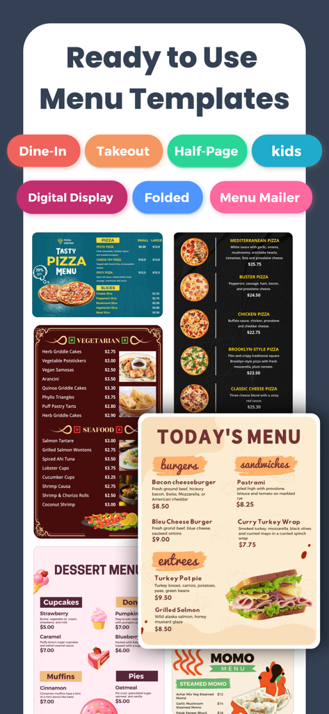 Selection of professional and customizable menu templates for restaurants bakeries and takeout services.