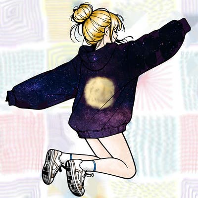 realistic girl jumping with a bun and oversized sweatshirt