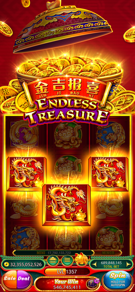 Endless Treasure slot machine interface in 88 Fortunes app showing golden dragon symbols and total win