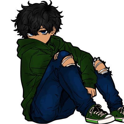 a male hoddie ripped jeans messy hair anime