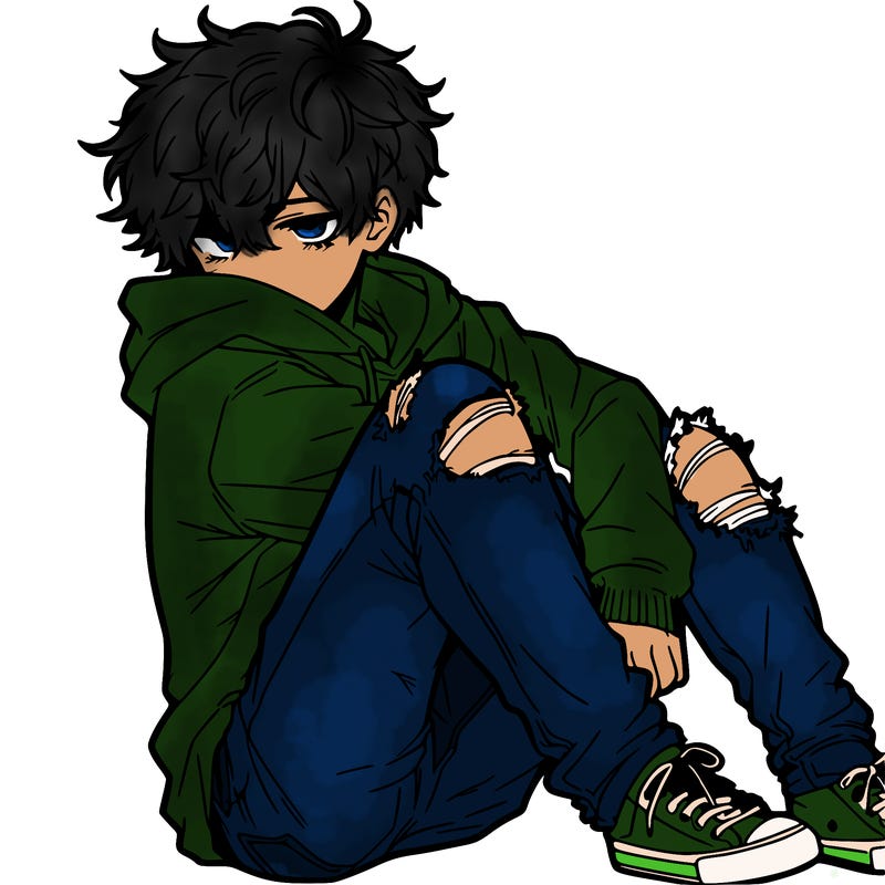 a male hoddie ripped jeans messy hair anime