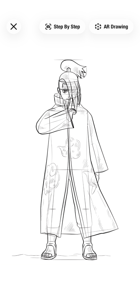 How to Draw Anime Easy - Eine Schritt-für-Schritt-Bleistiftskizze eines Anime-Charakters mit Hilfslinien in der App-Oberfläche.