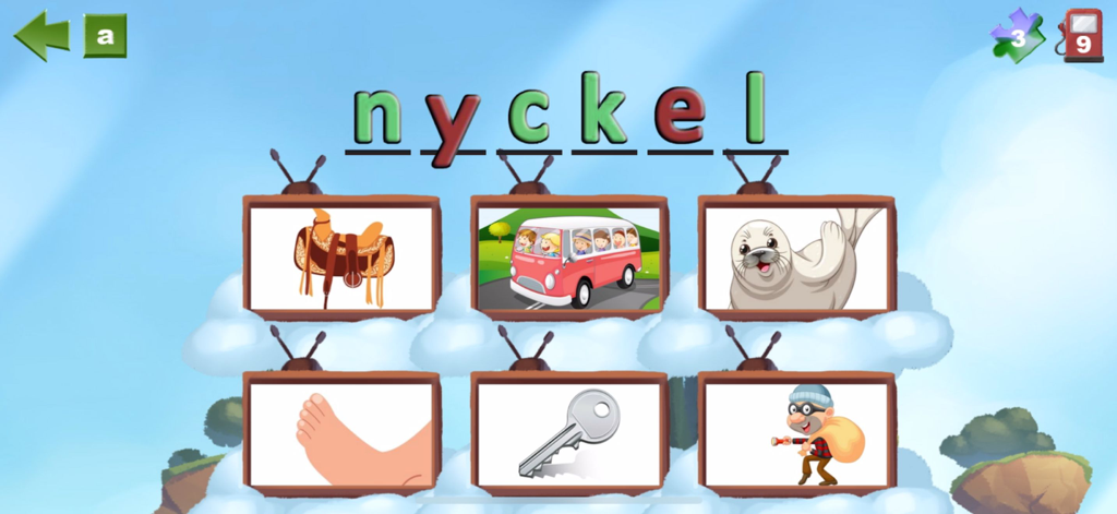 Trilo Stavar - Educational game screen from Trilo Stavar showing the Swedish word nyckel with pictures of a key and other objects