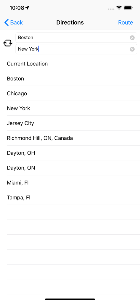Der Navigationsbildschirm in der Mautrechner-App zeigt Eingabefelder für Start und Ziel mit einer Liste der letzten Standorte.