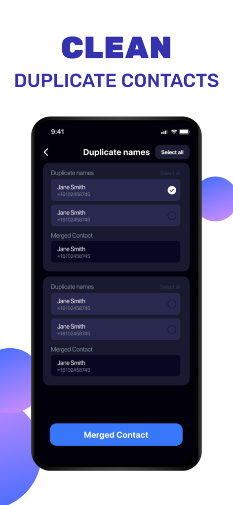 ABC AI Security Cleaner - Interfaz de la aplicación ABC AI Security Cleaner que muestra la función de fusión de contactos duplicados