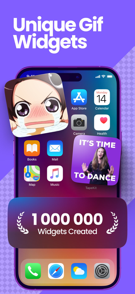 TapeKit・Lab of Top Widgets・GIF - Widgets GIF exclusivos em uma tela inicial de iPhone apresentando animações de anime e vídeo de dança