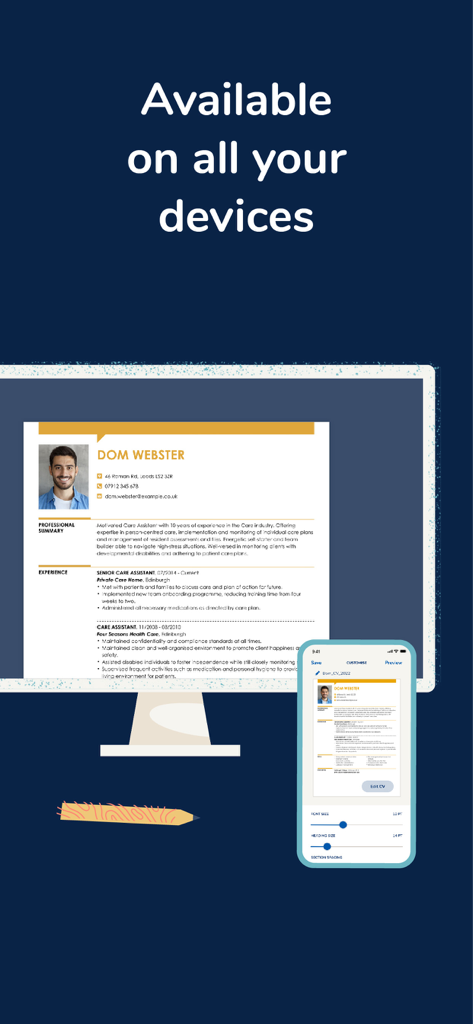 Un currículum profesional mostrado tanto en un monitor de ordenador como en la pantalla de un teléfono móvil, mostrando la sincronización entre dispositivos.