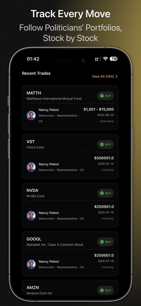 Wolf of Washington - Wolf of Washington app displaying a feed of recent stock trades by US politicians