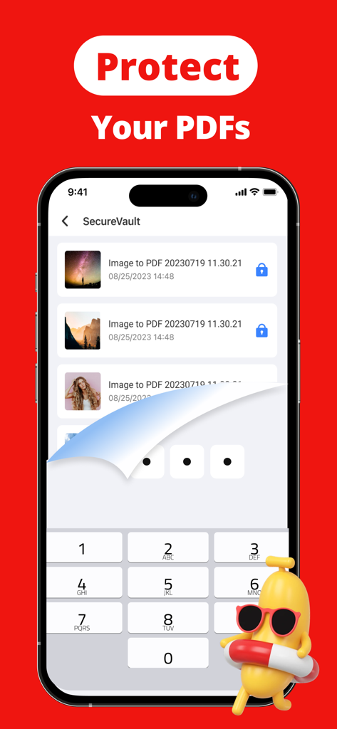 PDF Reader - Easy Editor - Smartphone screen showing the SecureVault feature of the Turbo PDF app with a passcode keypad to protect PDF files