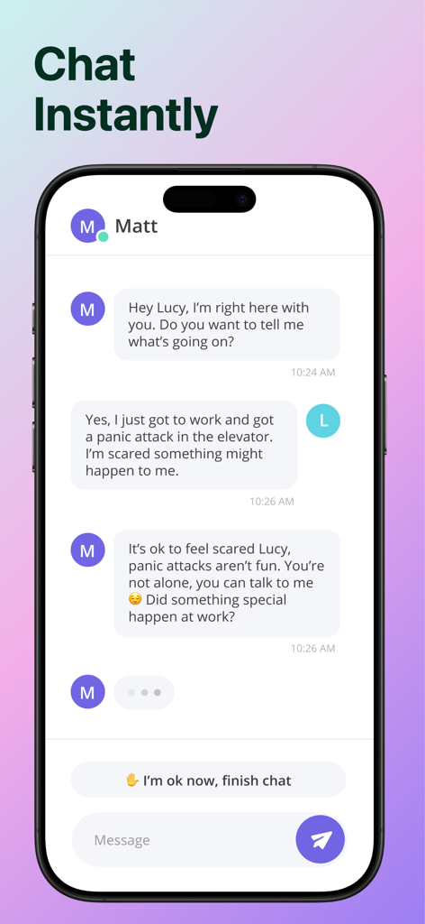 Companion - Anxiety Relief - Pantalla de smartphone mostrando una conversación de chat instantánea con un compañero de IA para el alivio de la ansiedad
