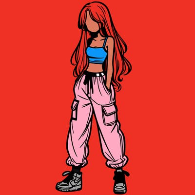 girl in baggy pants crop top and long hair