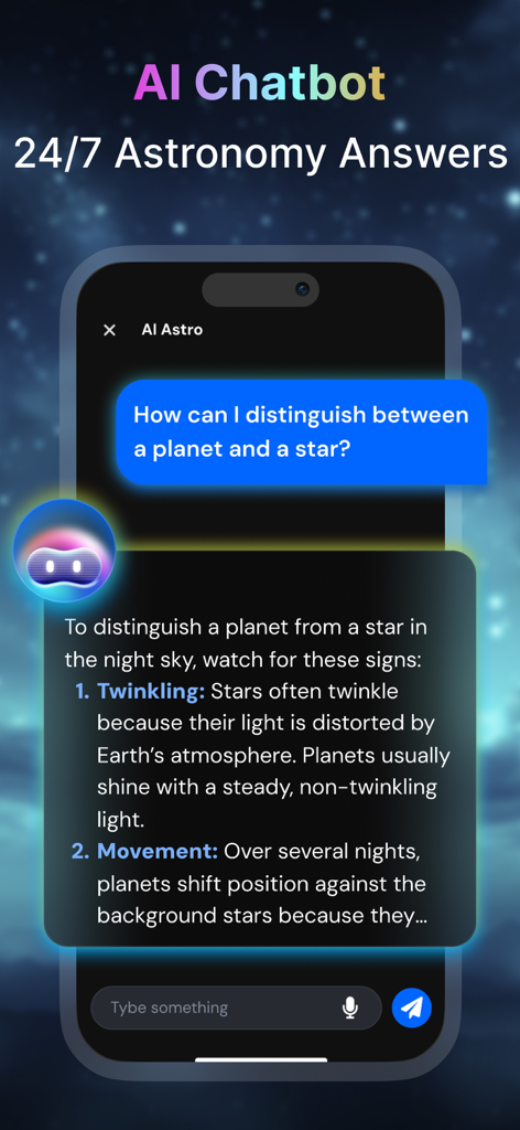 Star Gazer: Night Sky View Map - El chatbot de IA de la aplicación Star Gazer respondiendo una pregunta sobre cómo distinguir los planetas de las estrellas