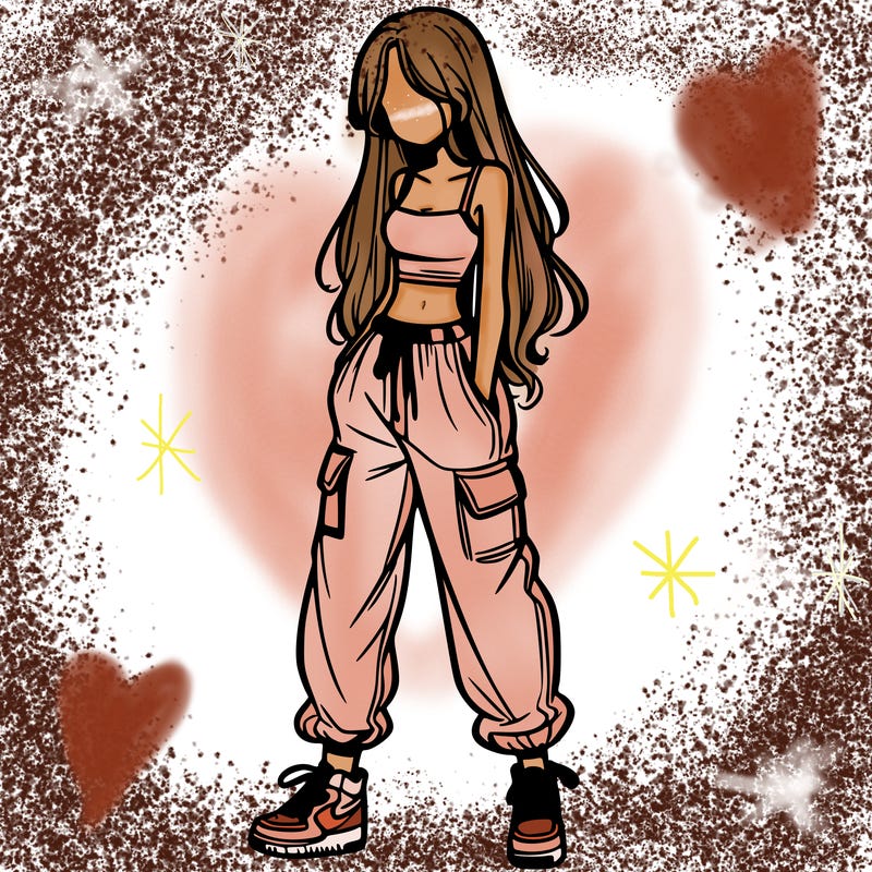 girl in baggy pants crop top and long hair