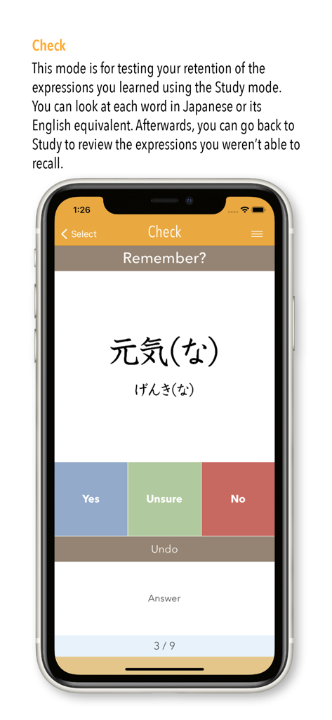 The Check mode screen of the GENKI Vocab app showing a Japanese vocabulary word flashcard.