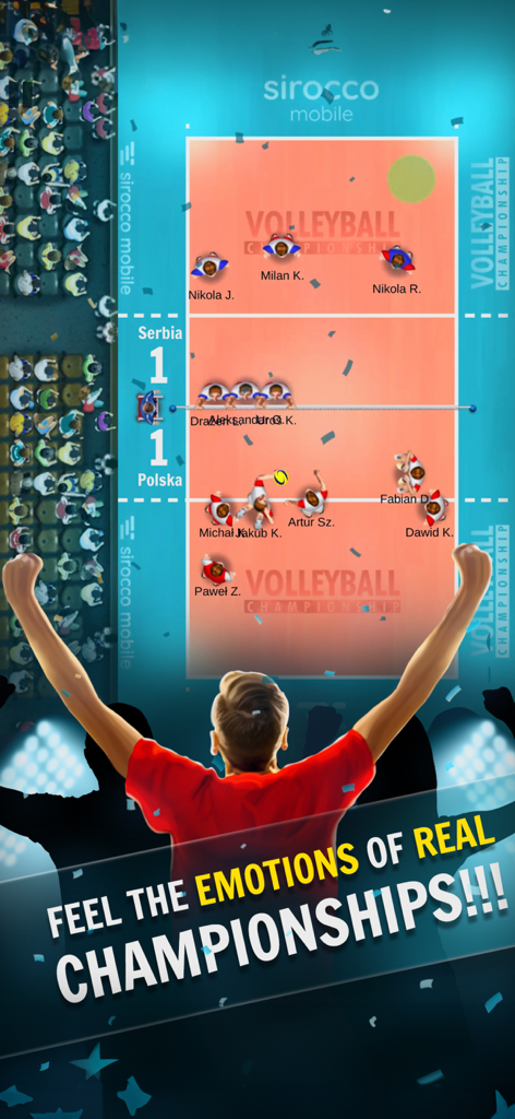 Top-down view of a volleyball match between Serbia and Poland with a player celebrating in the foreground