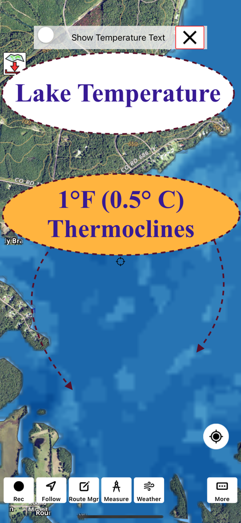 Map view in i-Boating app displaying lake temperature and thermocline data for anglers