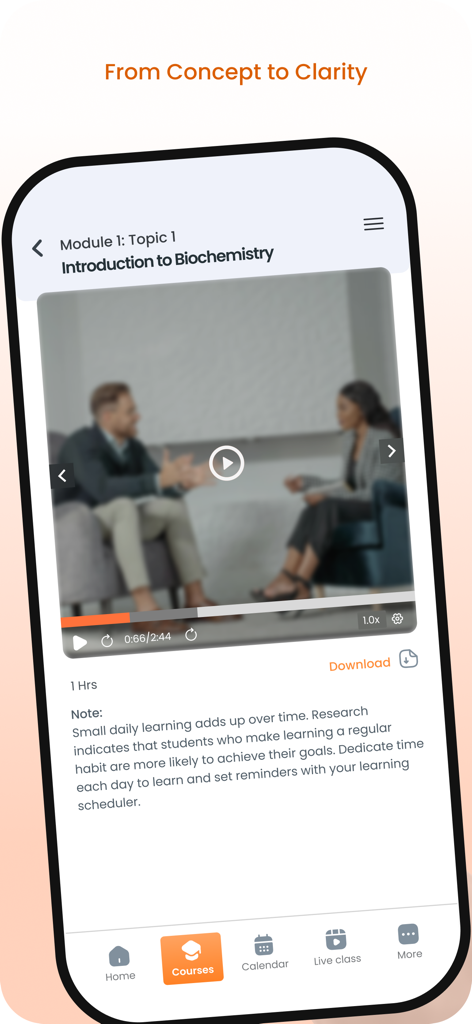 Ediify LMS - Ediify LMSモバイルアプリの画面。「生化学入門」のビデオ講義と学習のヒントを特集