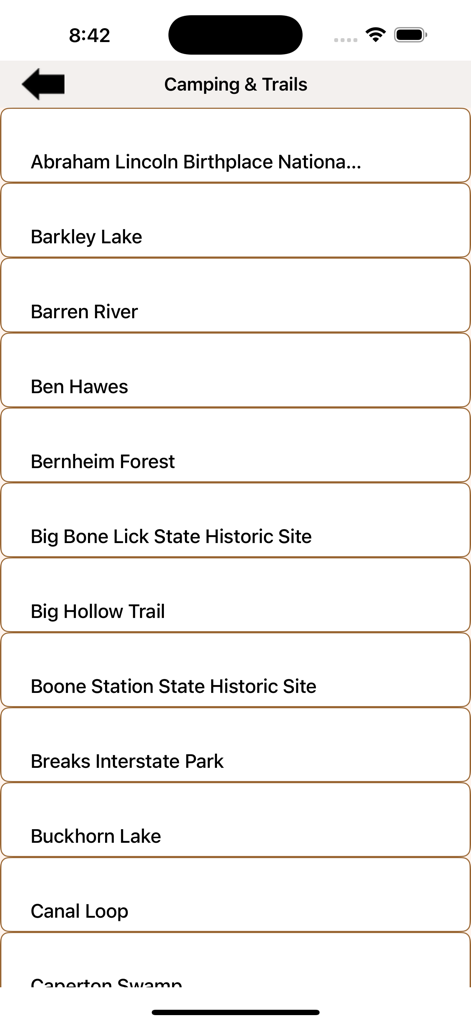 Parks & Trails - Kentucky - Alphabetical list of Kentucky state parks and trails including Barkley Lake and Bernheim Forest