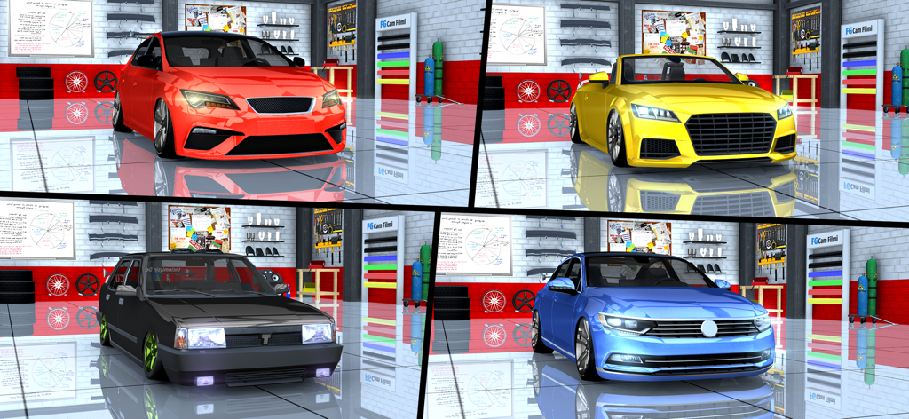 Un collage de cuatro coches tuneados diferentes en un entorno de garaje detallado con vehículos rojos, amarillos, negros y azules.