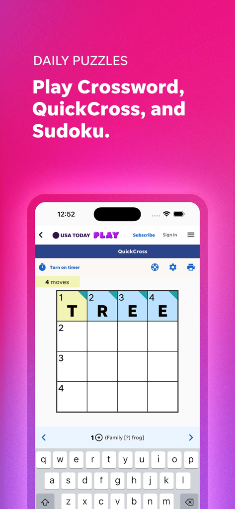 USA TODAY: US & Breaking News - USA TODAYアプリの毎日のパズルセクションを表示するモバイル画面。QuickCrossゲームが特徴です。
