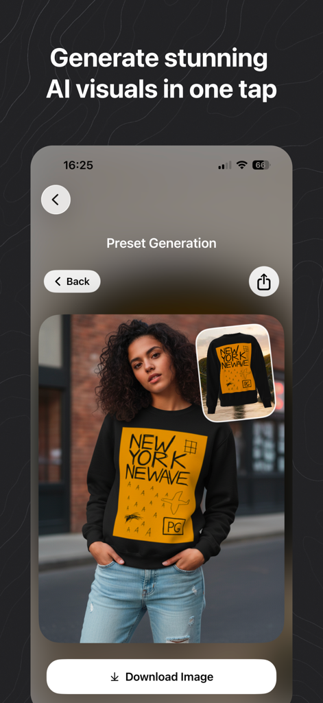Mockup Clothing Design Tool - A woman wearing a custom designed black sweatshirt with yellow graphics generated by the AI clothing design tool app.