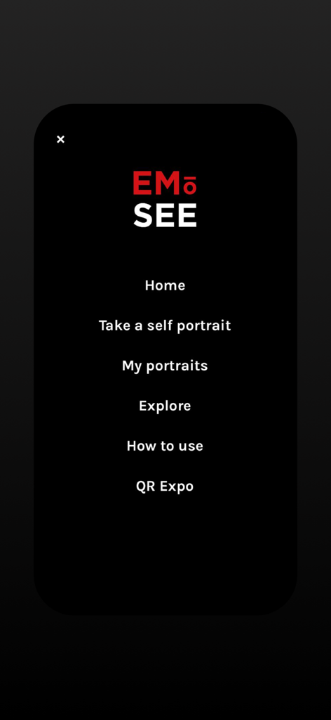 Emosee - A screenshot of the Emosee app main menu featuring navigation options like Take a self portrait and My portraits on a black background.