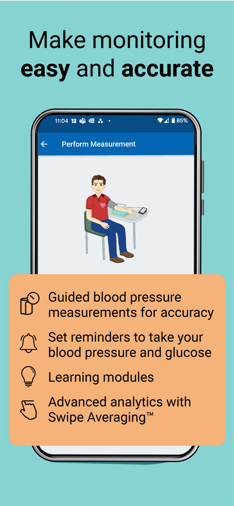 A&D Heart Track - Screenshot of A and D Heart Track app showing guided blood pressure measurement and feature list