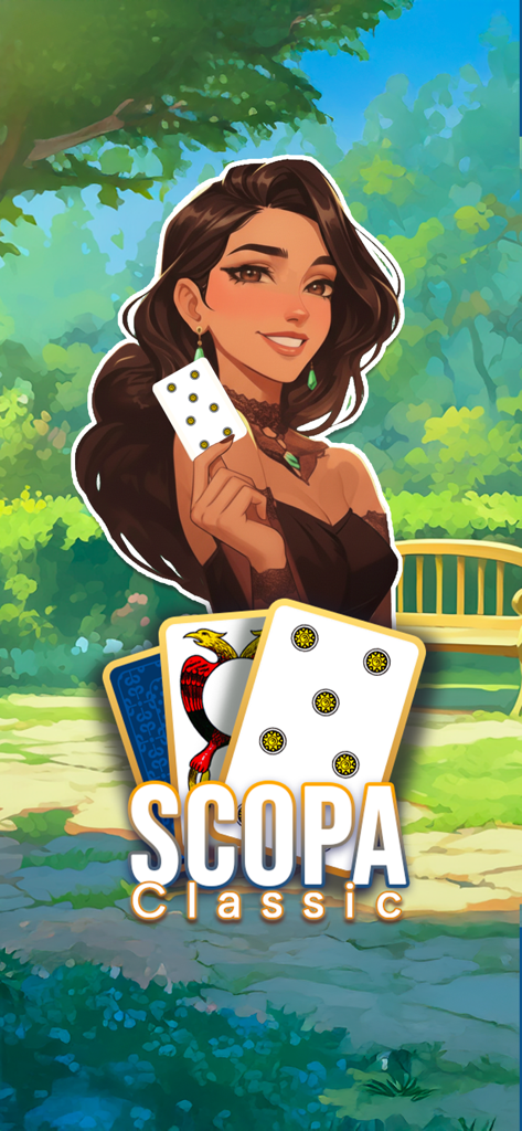 Scopa Classic - Una mujer sosteniendo una carta italiana tradicional en un entorno de parque con el logo del juego Scopa Classic
