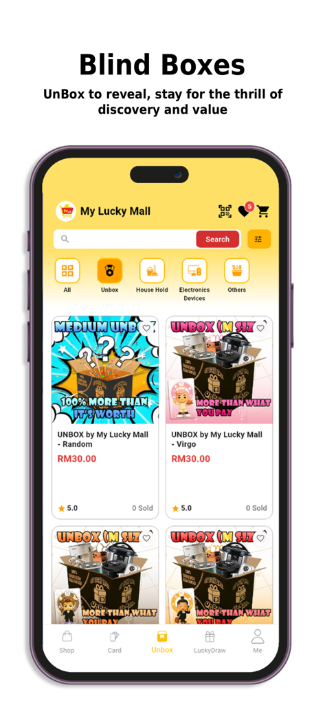 Interfaz de la aplicación móvil Myluckymall que presenta cajas ciegas y ofertas de desempaquetado misterioso.