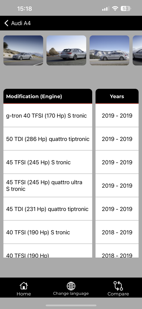 Tabelle mit Motormodifikationen und -spezifikationen für den Audi A4