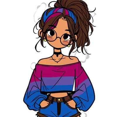 girl with a messy ponytail glasses a baggy crop top and jean shorts