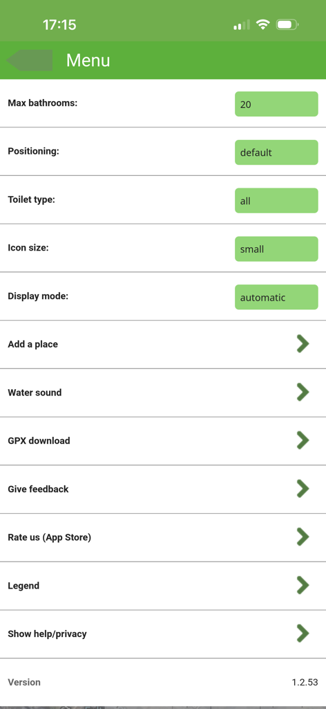 Menu Paramètres de l'application Bathroom Scout présentant les options de personnalisation des recherches de toilettes et des fonctionnalités de l'application