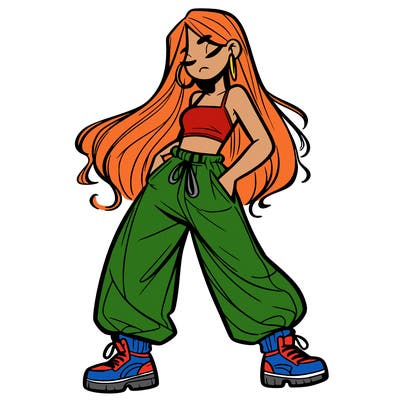 girl in baggy pants crop top and long hair
