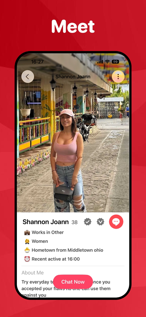 Cougar Dating - match meet app - Benutzerprofil einer 38-jährigen Frau namens Shannon Joann auf der Cougar Dating App Benutzeroberfläche.