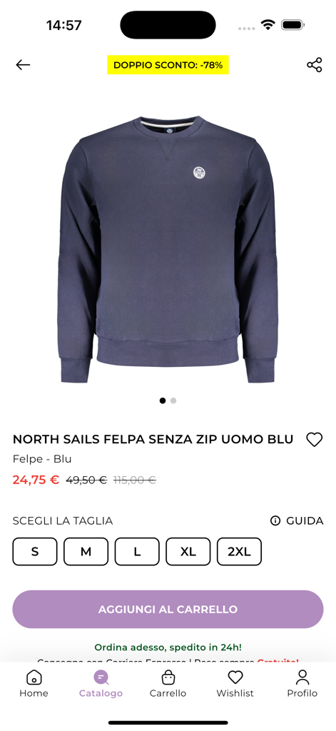 Griffe Shop - Product page for a men's blue sweatshirt on the Griffe Shop app with size selection and price details.